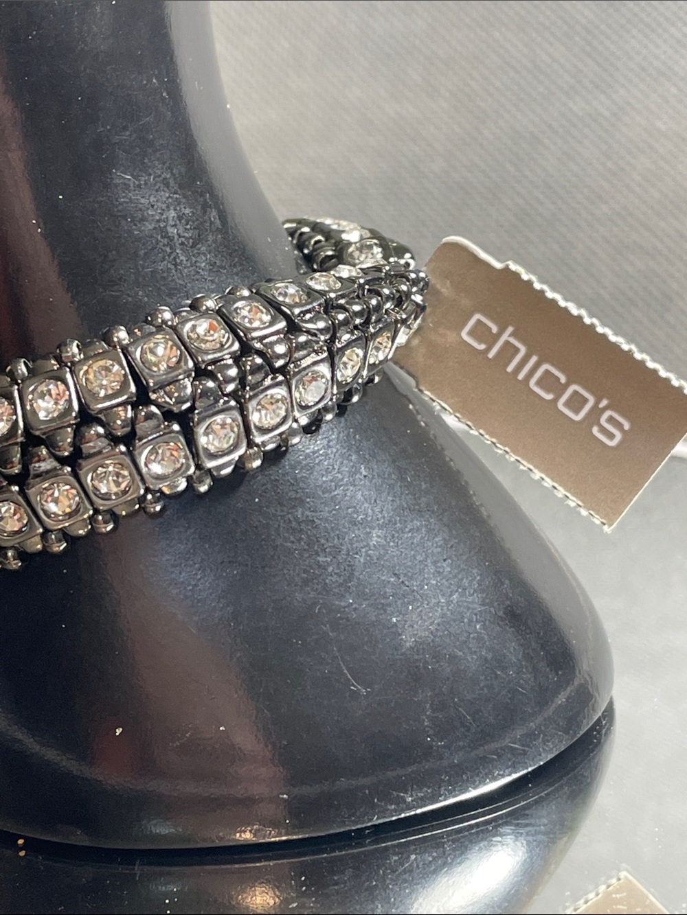 Chico's Hematite Tone Crystal Stretch Bracelet - Silver Clear Crystals